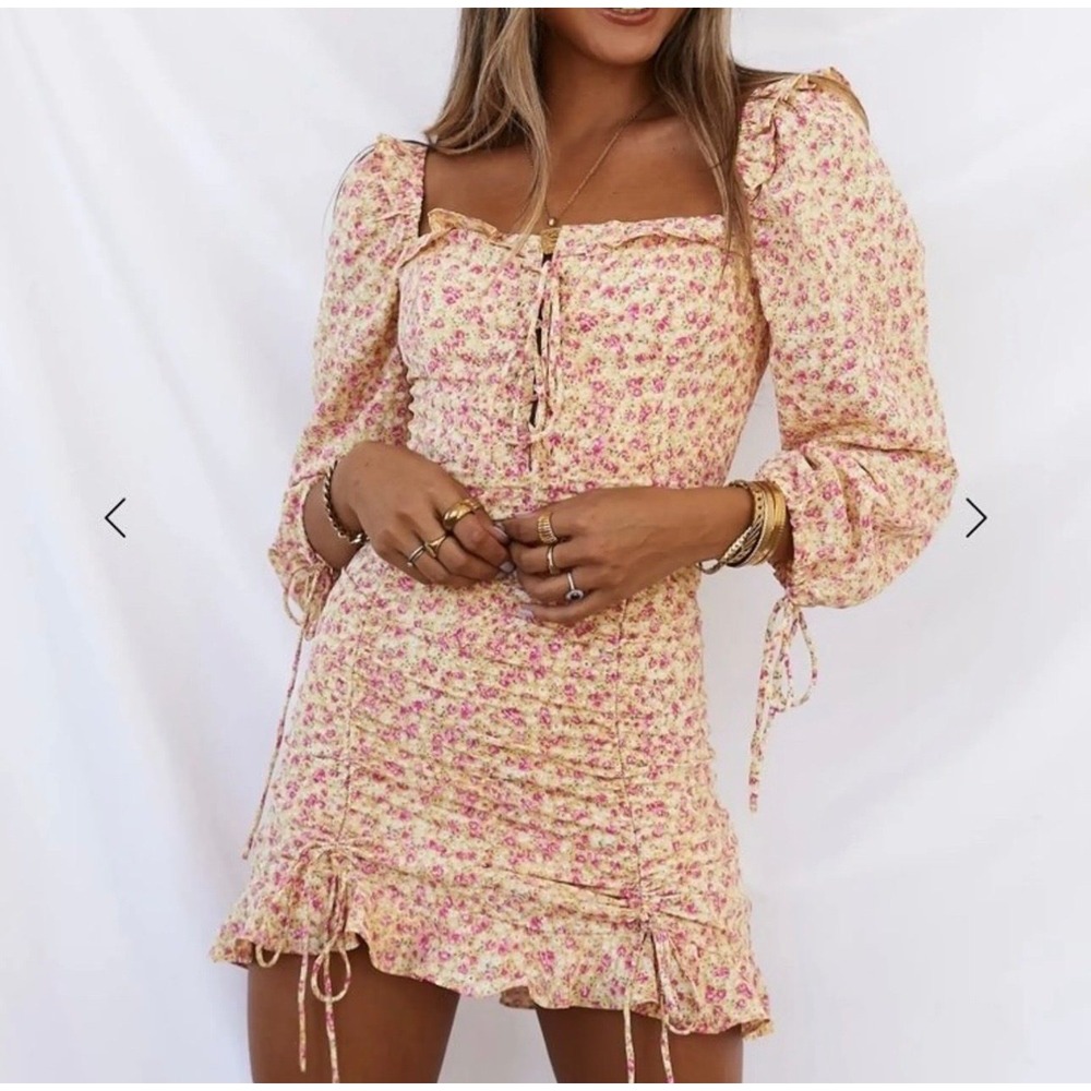 Hello Molly Yellow & Pink Floral Smocked Mini Dress Size 8